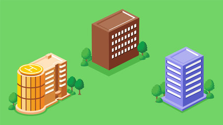 Isometric illustration of city buildings designed as game assets, featuring various architectural styles, streets, and urban elements arranged in an isometric perspective 05のイラスト素材