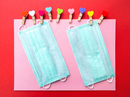 Happy valentines day 2021. Mask and heart. Covid-19. Quarantine.の写真素材