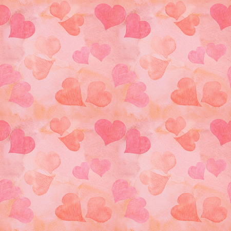 Seamless Valentine's day watercolor hearts background on paper texture