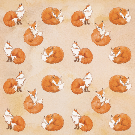 Seamless cute foxes watercolor pattern backgroundの写真素材
