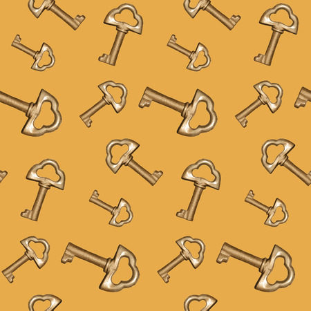 Seamless golden keys on a yellow background patternの写真素材