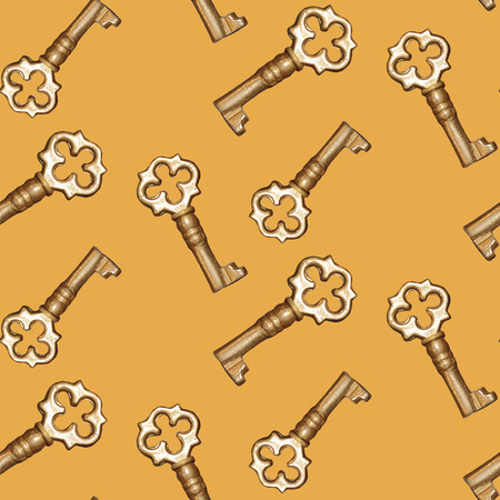Seamless golden keys on a yellow background patternの写真素材