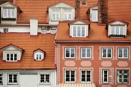 Houses walls with red windows in Riga Latviaの写真素材
