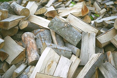 Firewood logs on the ground close up