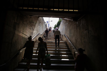 Bucharest, Romania - July 11, 2018: The passengers enter and leave the Aviatorilor subway station in Bucharest.のeditorial素材