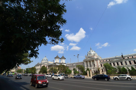 Bucharest, Romania - August 23, 2018: View of Coltea orthodox church, inaugurated on October 18, 1702 and Coltea Hospital,  built between 1867-1888 by architect Joseph Schiffler, on the ruins of an old hospital built between 1704-1707, in Bucharest, Romanのeditorial素材