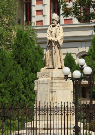 Bucharest, Romania - August 23, 2018: The Spatharios Mihai Cantacuzino statue, first statue built in Bucharest (1865-1869), being made of Carrara marble by the sculptor Karl Storck, located in front of Coltea Hospital, in Bucharest, Romania.のeditorial素材