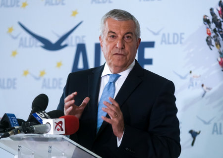 Bucharest, Romania - July 24, 2019: Calin Popescu Tariceanu, leader of Liberal Democrat Alliance (ALDE), announces that he would run for presidential elections, during a pres conference, in Bucharest.のeditorial素材