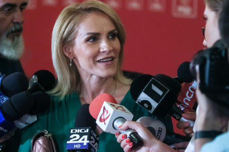 Bucharest, Romania - July 23, 2019: Gabriela Firea, mayor of Bucharest and vice president of Social Democratic Party (PSD), speaks to the press about her decision not to run for presidential electionsのeditorial素材