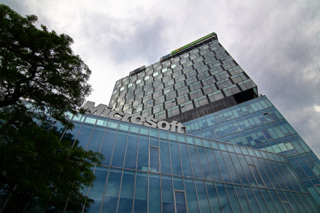 Bucharest, Romania - May 20, 2017: View of Microsoft Romania headquarters in City Gate Towers situated in Free Press Square, in Bucharest, Romania. May 20, 2017のeditorial素材