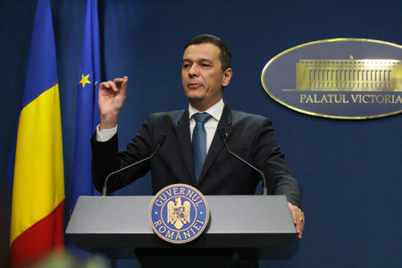 Bucharest, Romania - June 15, 2017: Romanian Prime Minister Sorin Grindeanu speaks during a press conference in Bucharest. June 15, 2017 Sorin Grindeanu heads a government without ministers after their resignation.のeditorial素材