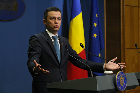 Bucharest, Romania - June 15, 2017: Romanian Prime Minister Sorin Grindeanu speaks during a press conference in Bucharest. June 15, 2017 Sorin Grindeanu heads a government without ministers after their resignation.のeditorial素材