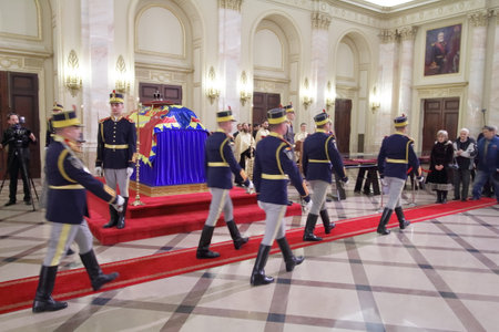 Bucharest, Romania - December 13, 2017: The coffin with the remnants of King Michael I of Romania is in the Royal Palace in Bucharest, where there will be three days for people to pay respect.のeditorial素材