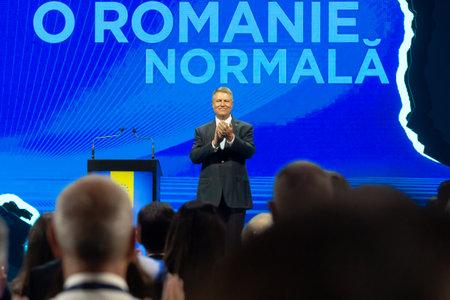 Bucharest, Romania - August 08, 2019: Klaus Iohannis, the president of Romania, speaks at the National Convention of the National Liberal Party, held in Bucharest.のeditorial素材