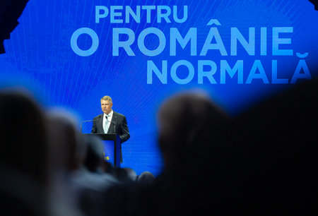 Bucharest, Romania - August 08, 2019: Klaus Iohannis, the president of Romania, speaks at the National Convention of the National Liberal Party, held in Bucharest.のeditorial素材