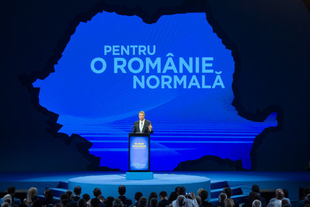Bucharest, Romania - August 08, 2019: Klaus Iohannis, the president of Romania, speaks at the National Convention of the National Liberal Party, held in Bucharest.のeditorial素材