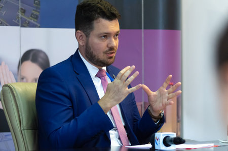 Bucharest, Romania - August 14, 2019: Cosmin Ghita, director of state-owned company Nuclearelectrica, the only one in Romania that deals with nuclear energy and owns a nuclear power plant in Cernavodaのeditorial素材
