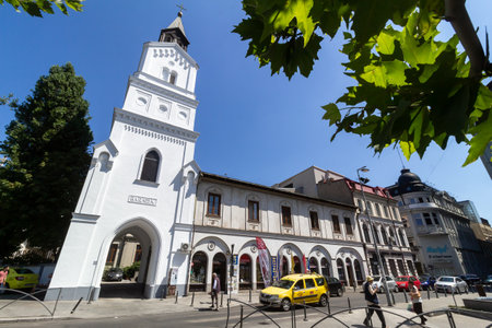 Bucharest, Romania - August 13, 2019: The bell tower of the Roman Catholic churchのeditorial素材