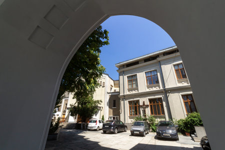 Bucharest, Romania - August 13, 2019: The entrance beneath the bell tower of the Roman Catholic churchのeditorial素材