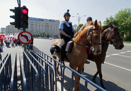 Bucharest, Romania - April 26, 2018: Romanian Gendarmerie Cavalry patrols, during a protest of health workers, in Victoria Square, in Bucharest.のeditorial素材