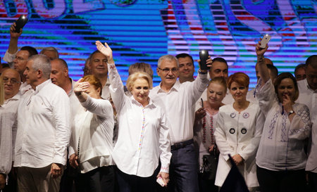 Bucharest, Romania - June 09, 2018: Members of the ruling coalition in Romania attend a Social Democratic Party (PSD) support rally, in Bucharest, Romania.のeditorial素材