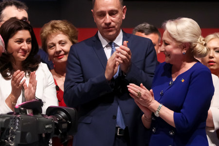 Bucharest, Romania - June 29, 2019: Viorica Dancila, the elected President of the Social Democratic Party (PSD), enjoy along with the party leadership at the congress held in the Palace Hall.のeditorial素材