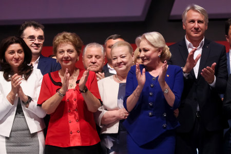 Bucharest, Romania - June 29, 2019: Viorica Dancila, the elected President of the Social Democratic Party (PSD), enjoy along with the party leadership at the congress held in the Palace Hall.のeditorial素材