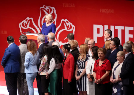 Bucharest, Romania - June 29, 2019: Viorica Dancila, the elected President of the Social Democratic Party (PSD), speaks at the party congress at the Palace Hall in Bucharest.のeditorial素材