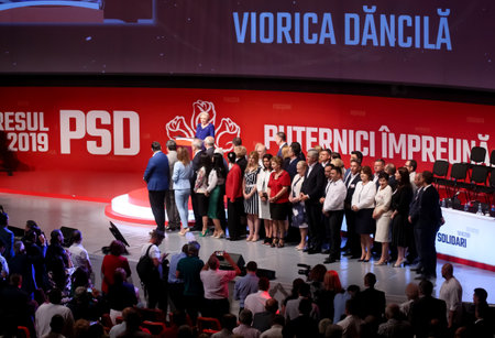Bucharest, Romania - June 29, 2019: Viorica Dancila, the elected President of the Social Democratic Party (PSD), speaks at the party congress at the Palace Hall in Bucharest.のeditorial素材