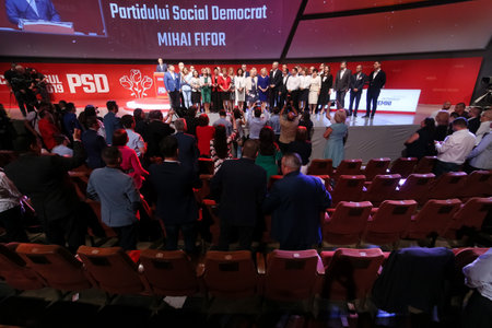 Bucharest, Romania - June 29, 2019: The Leadership of the ruling Social Democratic Party (PSD), poses for the press, at the end of the congress, at the Palace Hall in Bucharest, Romania.のeditorial素材
