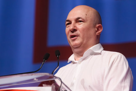 Bucharest, Romania - June 29, 2019: Codrin Stefanescu, candidate (not elected) for General Secretary of the Social Democratic Party (PSD), speaks at the party congress at the Palace Hall in Bucharest.のeditorial素材