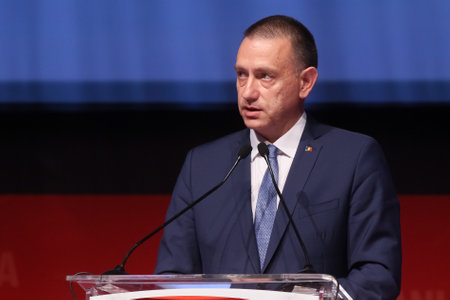 Bucharest, Romania - June 29, 2019: Mihai Fifor, candidate (elected) for the General Secretary of the Social Democratic Party (PSD), speaks at the party congress at the Palace Hall in Bucharest.のeditorial素材