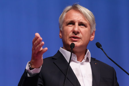 Bucharest, Romania - June 29, 2019: Eugen Teodorovici, candidate (elected) for Executive President of the Social Democratic Party (PSD), speaks at the party congress at the Palace Hall in Bucharest.のeditorial素材