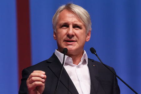 Bucharest, Romania - June 29, 2019: Eugen Teodorovici, candidate (elected) for Executive President of the Social Democratic Party (PSD), speaks at the party congress at the Palace Hall in Bucharest.のeditorial素材