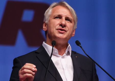 Bucharest, Romania - June 29, 2019: Eugen Teodorovici, candidate (elected) for Executive President of the Social Democratic Party (PSD), speaks at the party congress at the Palace Hall in Bucharest.のeditorial素材