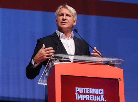 Bucharest, Romania - June 29, 2019: Eugen Teodorovici, candidate (elected) for Executive President of the Social Democratic Party (PSD), speaks at the party congress at the Palace Hall in Bucharest.のeditorial素材