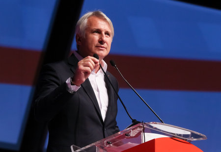 Bucharest, Romania - June 29, 2019: Eugen Teodorovici, candidate (elected) for Executive President of the Social Democratic Party (PSD), speaks at the party congress at the Palace Hall in Bucharest.のeditorial素材