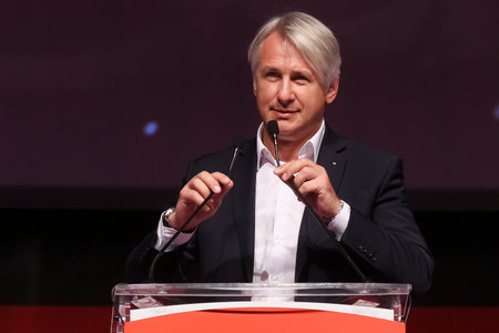Bucharest, Romania - June 29, 2019: Eugen Teodorovici, candidate (elected) for Executive President of the Social Democratic Party (PSD), speaks at the party congress at the Palace Hall in Bucharest.のeditorial素材