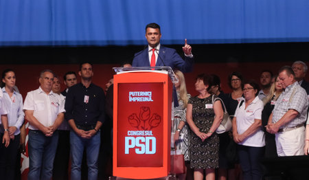 Bucharest, Romania - June 29, 2019: Daniel Florea, candidate (not elected) for Executive President of the Social Democratic Party (PSD), speaks at the party congress at the Palace Hall in Bucharest.のeditorial素材