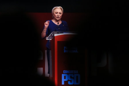 Bucharest, Romania - June 29, 2019: Viorica Dancila, candidate (elected) for the post of President of the Social Democratic Party (PSD), speaks at the party congress at the Palace Hall in Bucharest.のeditorial素材