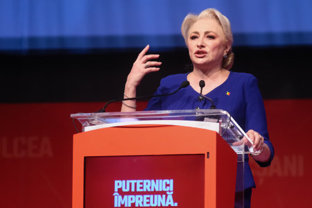 Bucharest, Romania - June 29, 2019: Viorica Dancila, candidate (elected) for the post of President of the Social Democratic Party (PSD), speaks at the party congress at the Palace Hall in Bucharest.のeditorial素材