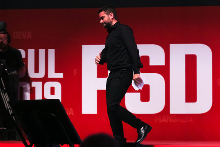 Bucharest, Romania - June 29, 2019: Liviu Plesoianu, candidate (not elected) for President of the Social Democratic Party (PSD), speaks at the party congress at the Palace Hall in Bucharest.のeditorial素材