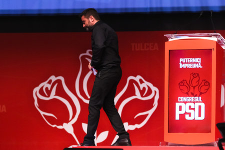 Bucharest, Romania - June 29, 2019: Liviu Plesoianu, candidate (not elected) for President of the Social Democratic Party (PSD), speaks at the party congress at the Palace Hall in Bucharest.のeditorial素材