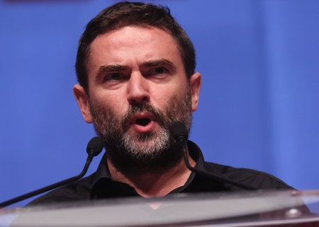 Bucharest, Romania - June 29, 2019: Liviu Plesoianu, candidate (not elected) for President of the Social Democratic Party (PSD), speaks at the party congress at the Palace Hall in Bucharest.のeditorial素材