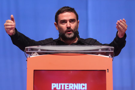 Bucharest, Romania - June 29, 2019: Liviu Plesoianu, candidate (not elected) for President of the Social Democratic Party (PSD), speaks at the party congress at the Palace Hall in Bucharest.のeditorial素材