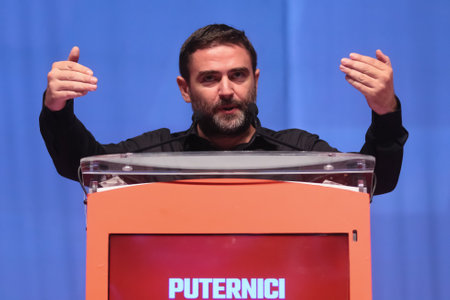 Bucharest, Romania - June 29, 2019: Liviu Plesoianu, candidate (not elected) for President of the Social Democratic Party (PSD), speaks at the party congress at the Palace Hall in Bucharest.のeditorial素材