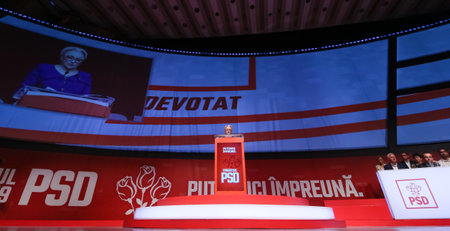 Bucharest, Romania - June 29, 2019: Viorica Dancila, candidate (elected) for the post of President of the Social Democratic Party (PSD), speaks at the party congress at the Palace Hall in Bucharest.のeditorial素材