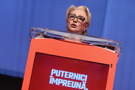 Bucharest, Romania - June 29, 2019: Viorica Dancila, candidate (elected) for the post of President of the Social Democratic Party (PSD), speaks at the party congress at the Palace Hall in Bucharest.のeditorial素材