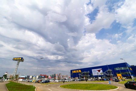 Bucharest, Romania - June 24, 2019: The IKEA building and its surroundings are seen in the opening day of the IKEA Pallady store, which is the second in Bucharest and elsewhere in Romania.のeditorial素材