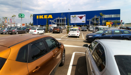 Bucharest, Romania - June 24, 2019: The IKEA building and the parking next to it are seen in the opening day of the IKEA Pallady store, which is the second in Bucharest and elsewhere in Romania.のeditorial素材